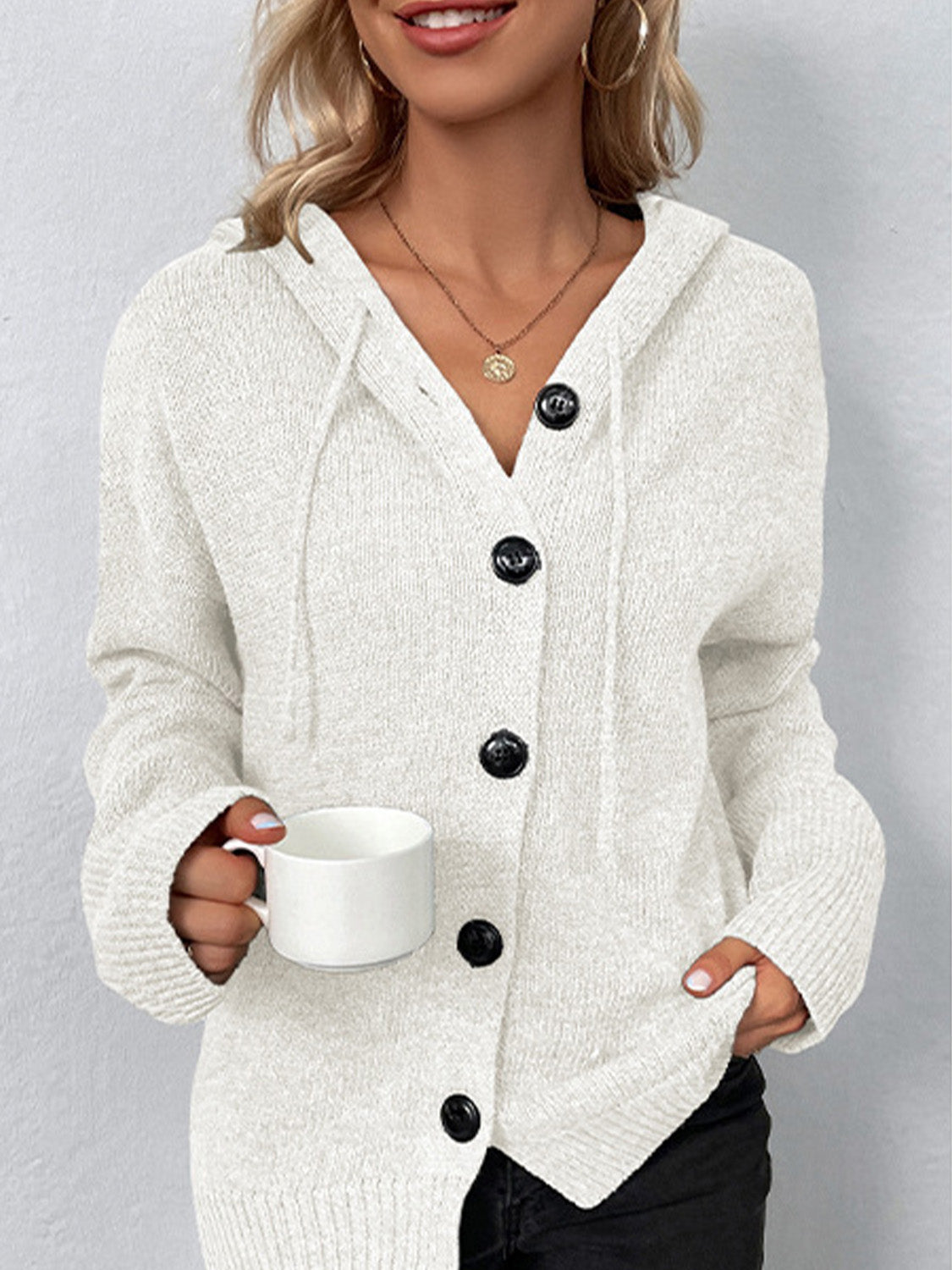 Drawstring Button Up Hooded Cardigan - The Boutie Shop