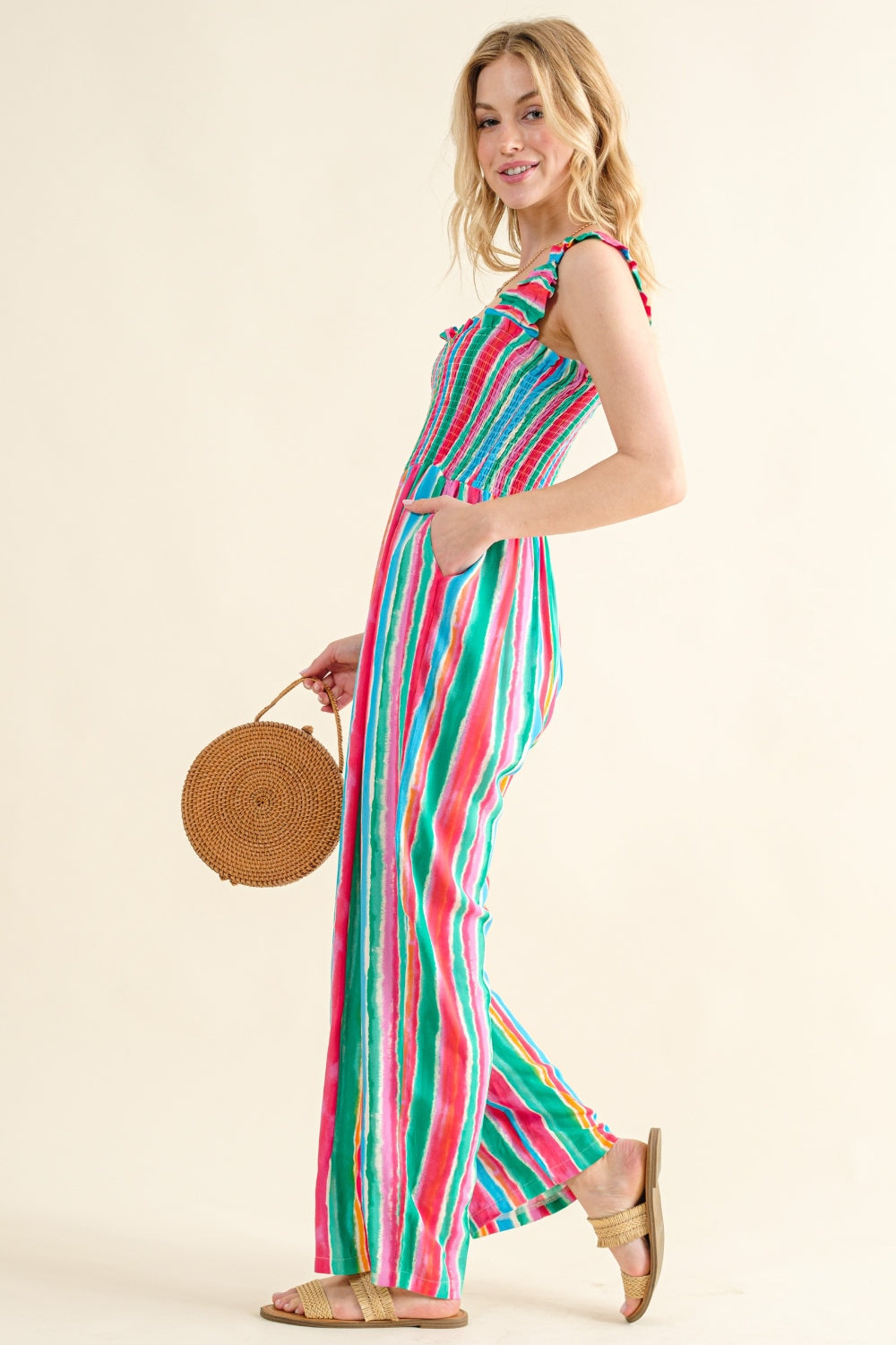 And The Why Full Size Striped Smocked Sleeveless Jumpsuit - The Boutie Shop