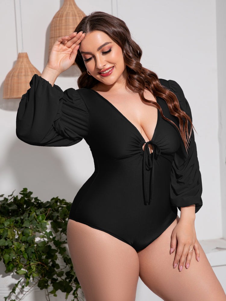 Plus Size Tied Deep V Balloon Sleeve One-Piece Swimsuit - The Boutie Shop