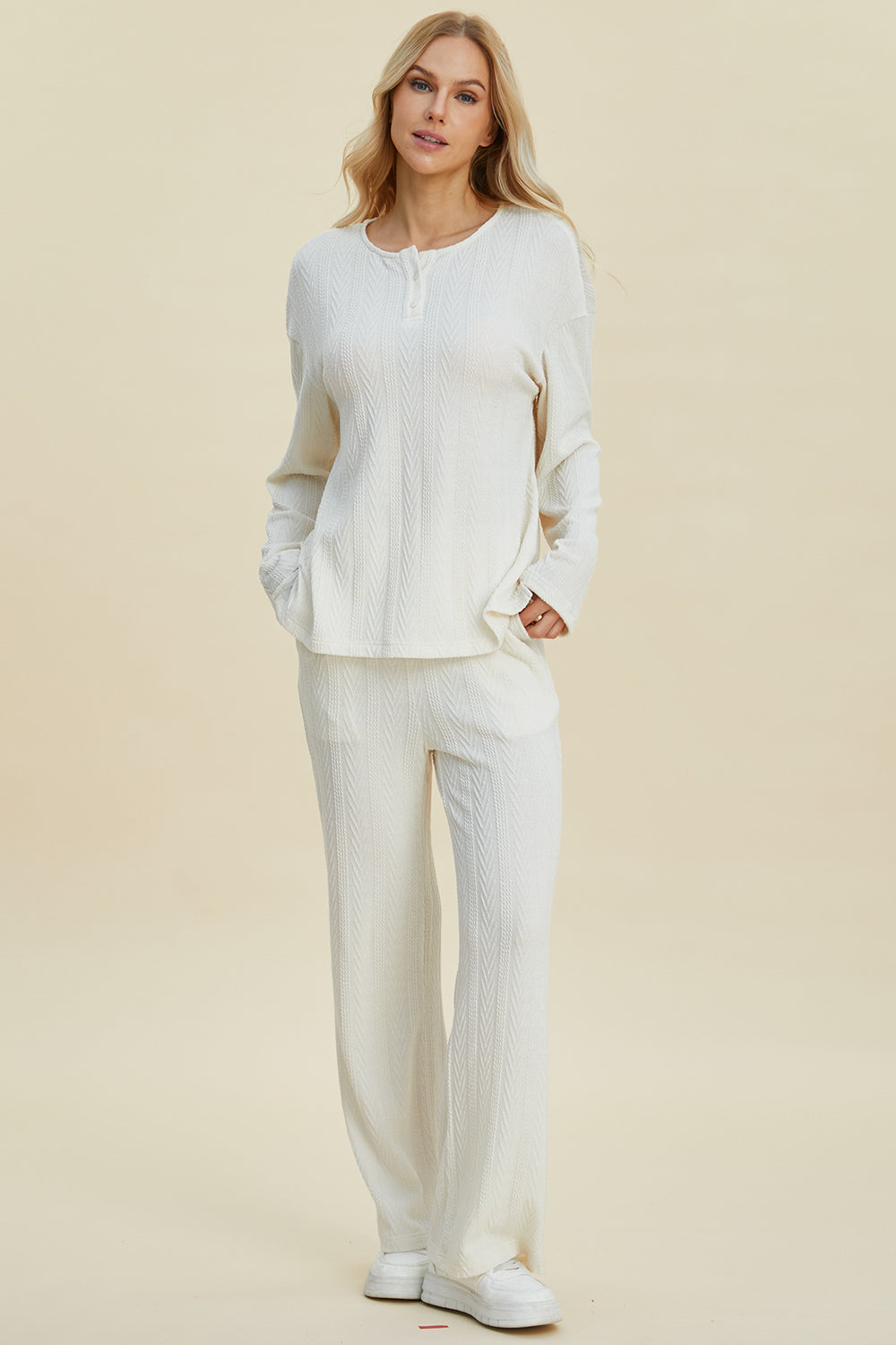 Double Take Full Size Cable-Knit Long Sleeve Top and Pants Set - The Boutie Shop