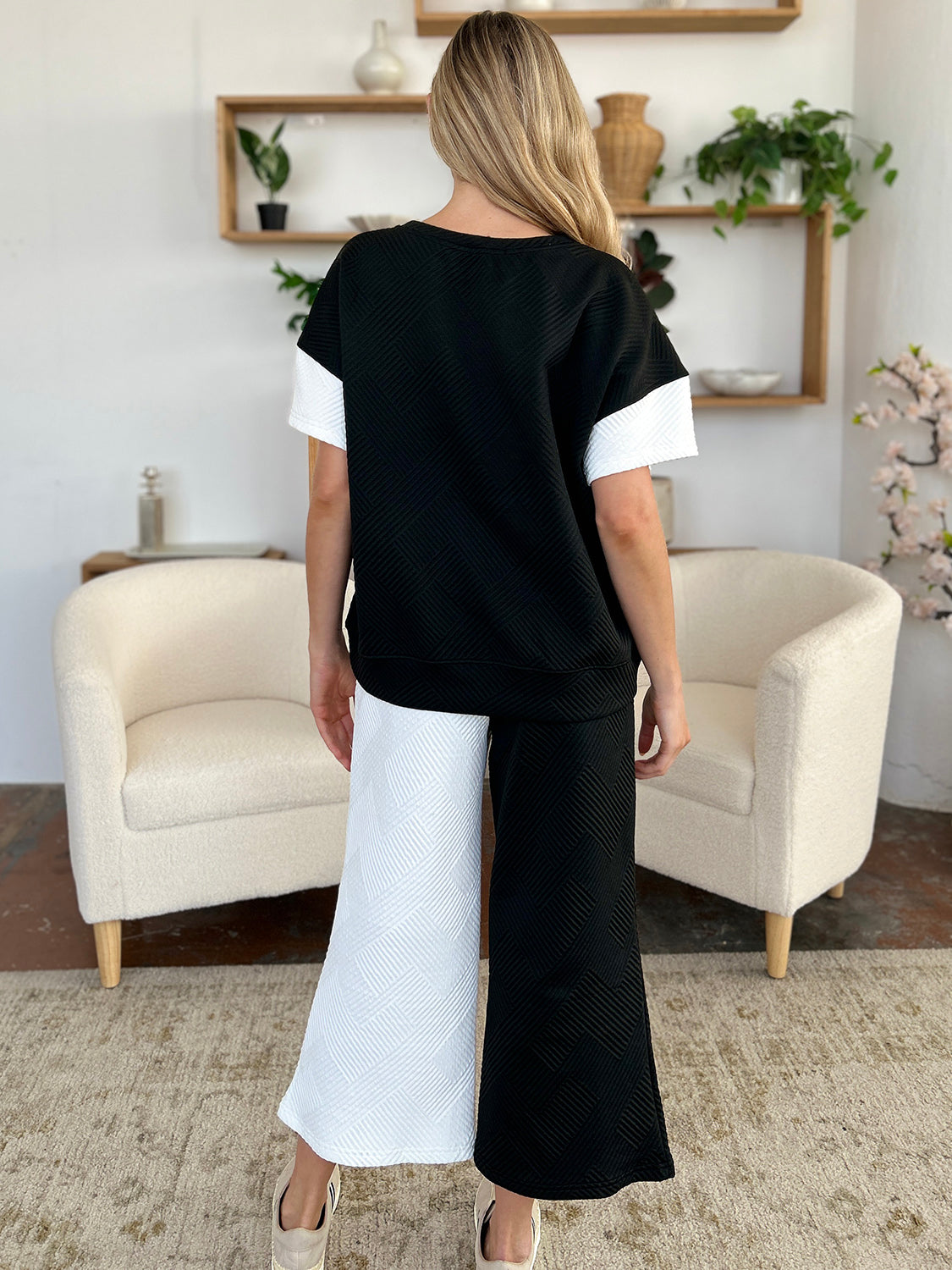 Double Take Full Size Texture Contrast T-Shirt and Wide Leg Pants Set - The Boutie Shop