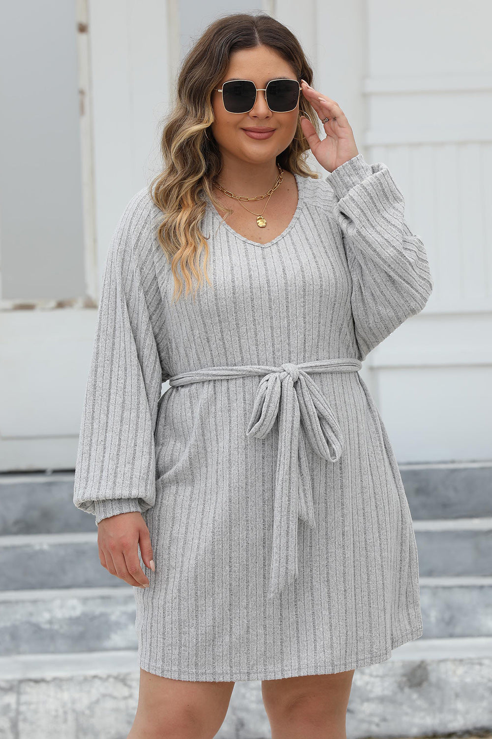 Plus Size Ribbed Tie Front Long Sleeve Sweater Dress - The Boutie Shop