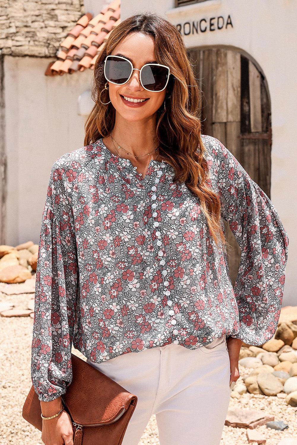 Printed Notched Balloon Sleeve Blouse - The Boutie Shop