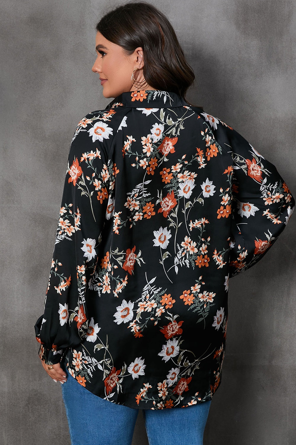 Plus Size Printed Johnny Collar Long Sleeve Blouse - The Boutie Shop