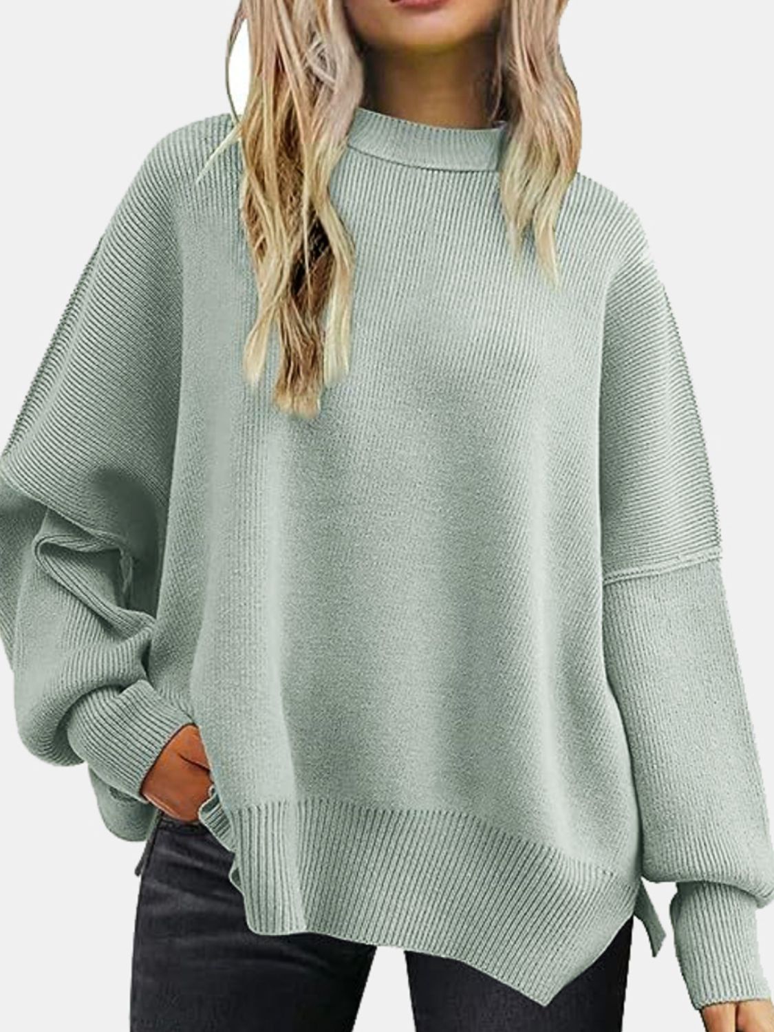 Round Neck Drop Shoulder Slit Sweater - The Boutie Shop