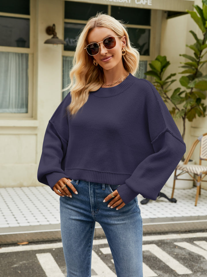 Round Neck Lantern Sleeve Sweater - The Boutie Shop