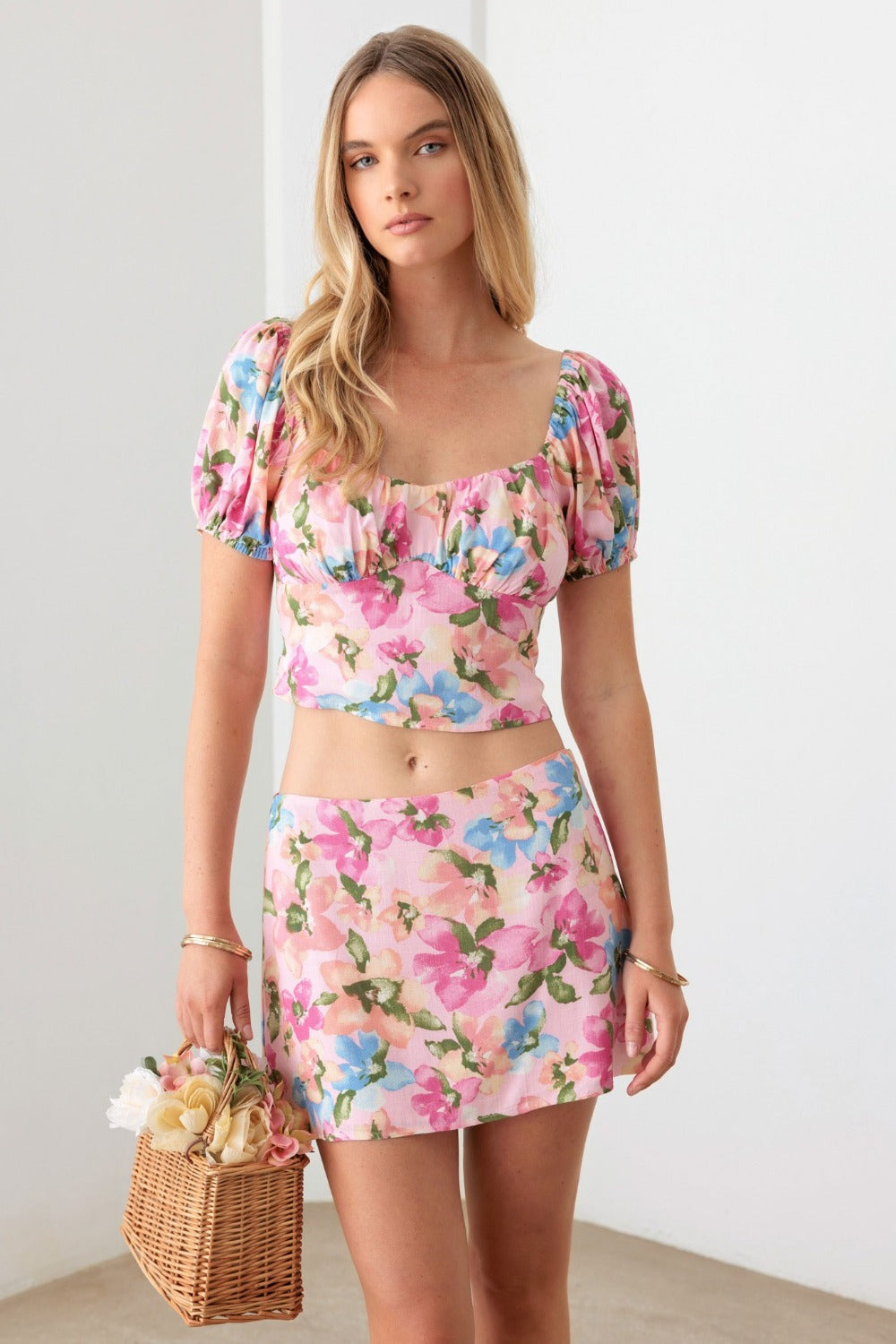 Le Lis Floral Puff Sleeve Crop Top and Mini Skirt Set - The Boutie Shop