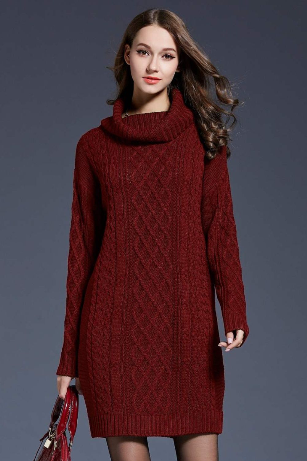 Woven Right Full Size Mixed Knit Cowl Neck Dropped Shoulder Sweater Dress - The Boutie Shop