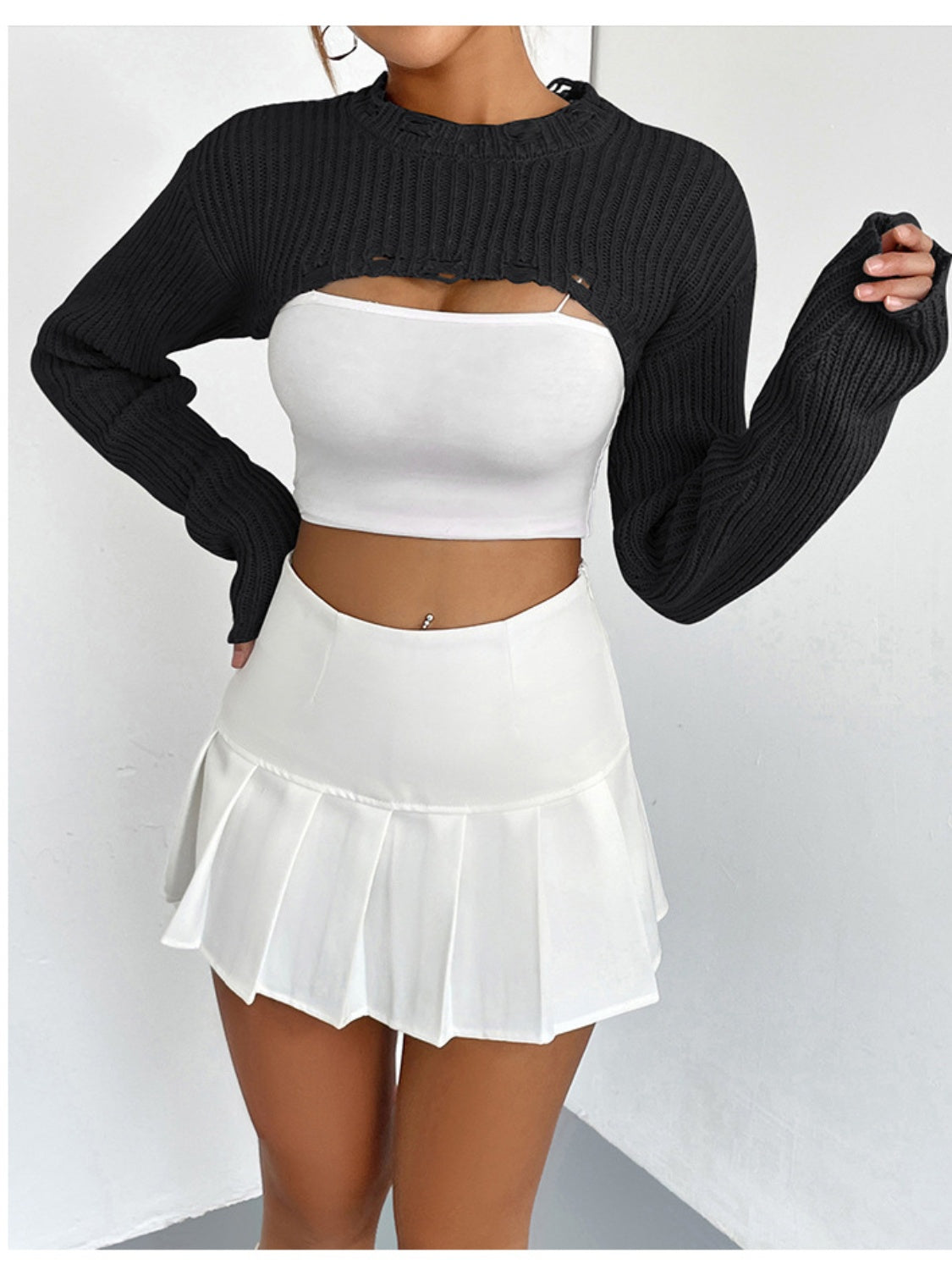 Distressed Long Sleeve Cropped Sweater - The Boutie Shop