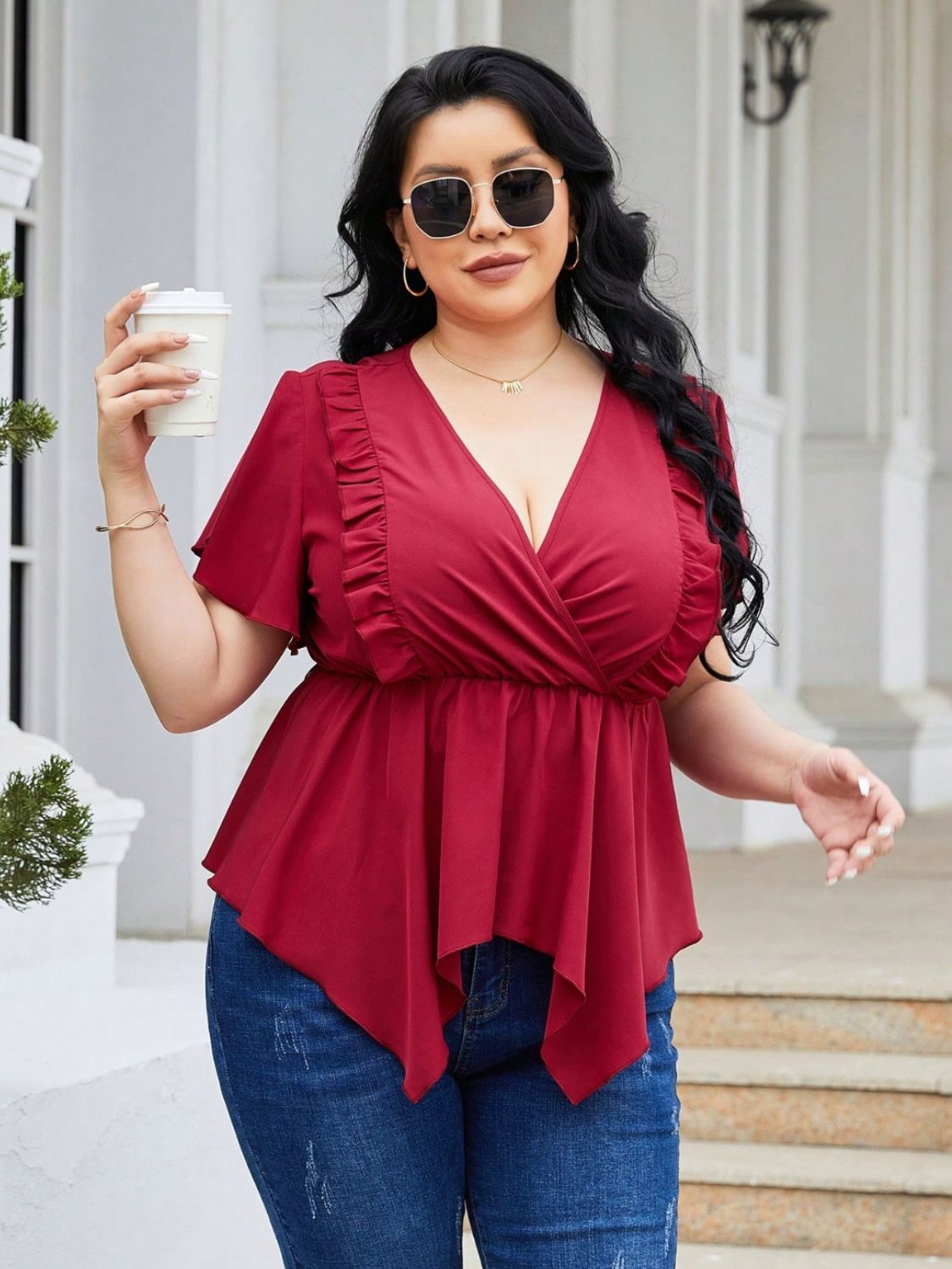 Plus Size Frill Surplice Flutter Sleeve Blouse - The Boutie Shop