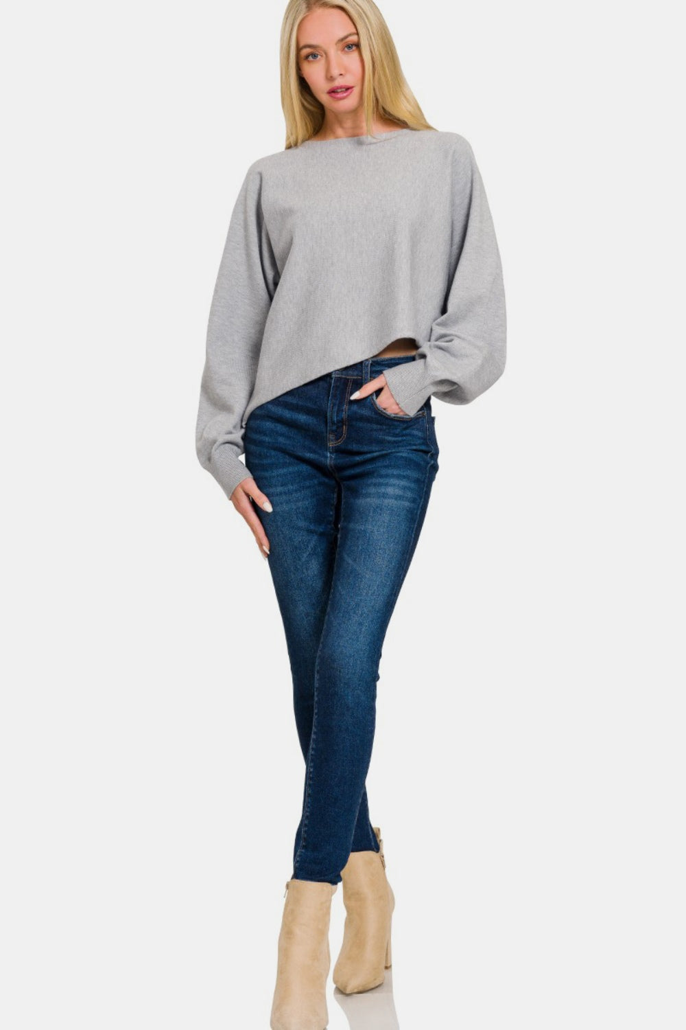 Zenana Asymmetric Hem Long Sleeve Sweater - The Boutie Shop