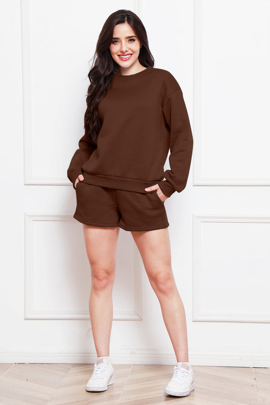 Round Neck Long Sleeve Sweatshirt and Drawstring Shorts Set - The Boutie Shop