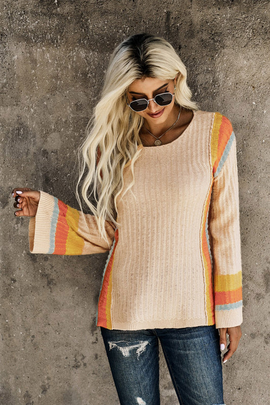 Striped Round Neck Long Sleeve Sweater - The Boutie Shop