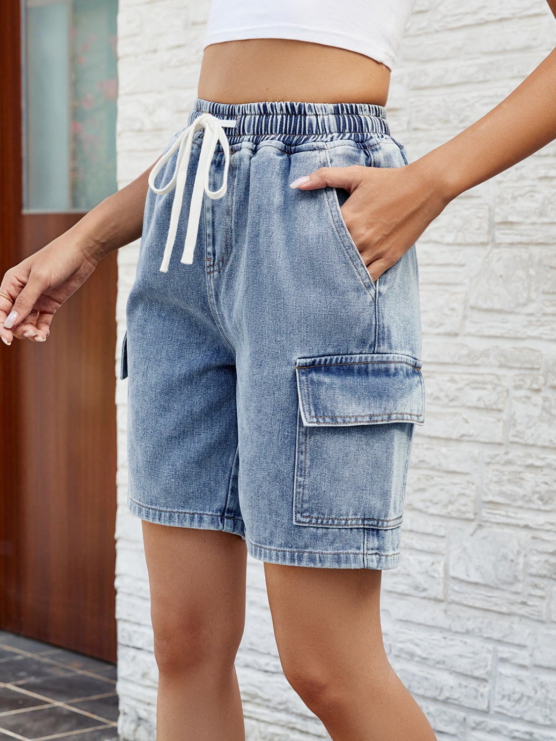 Drawstring Denim Shorts with Pockets - The Boutie Shop