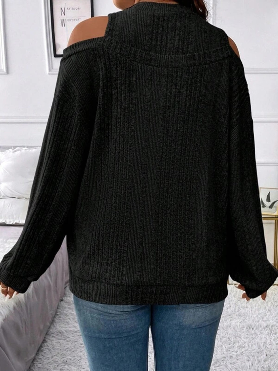 Round Neck Cold Shoulder Sweater - The Boutie Shop