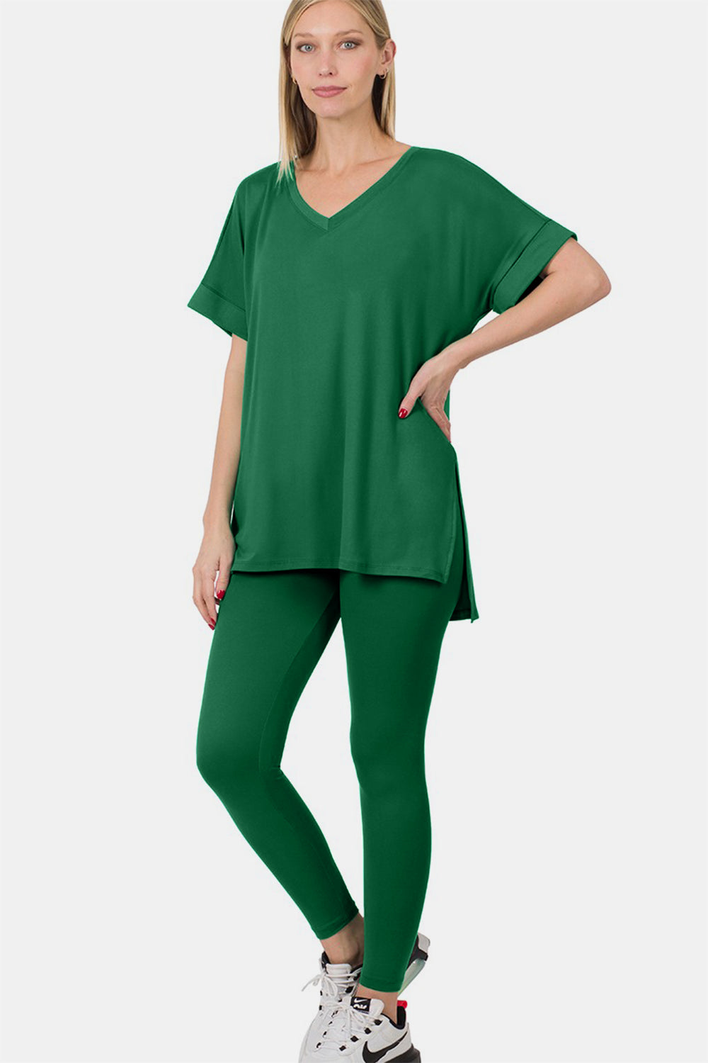 Zenana V-Neck Rolled Short Sleeve T-Shirt and Leggings Lounge Set - The Boutie Shop