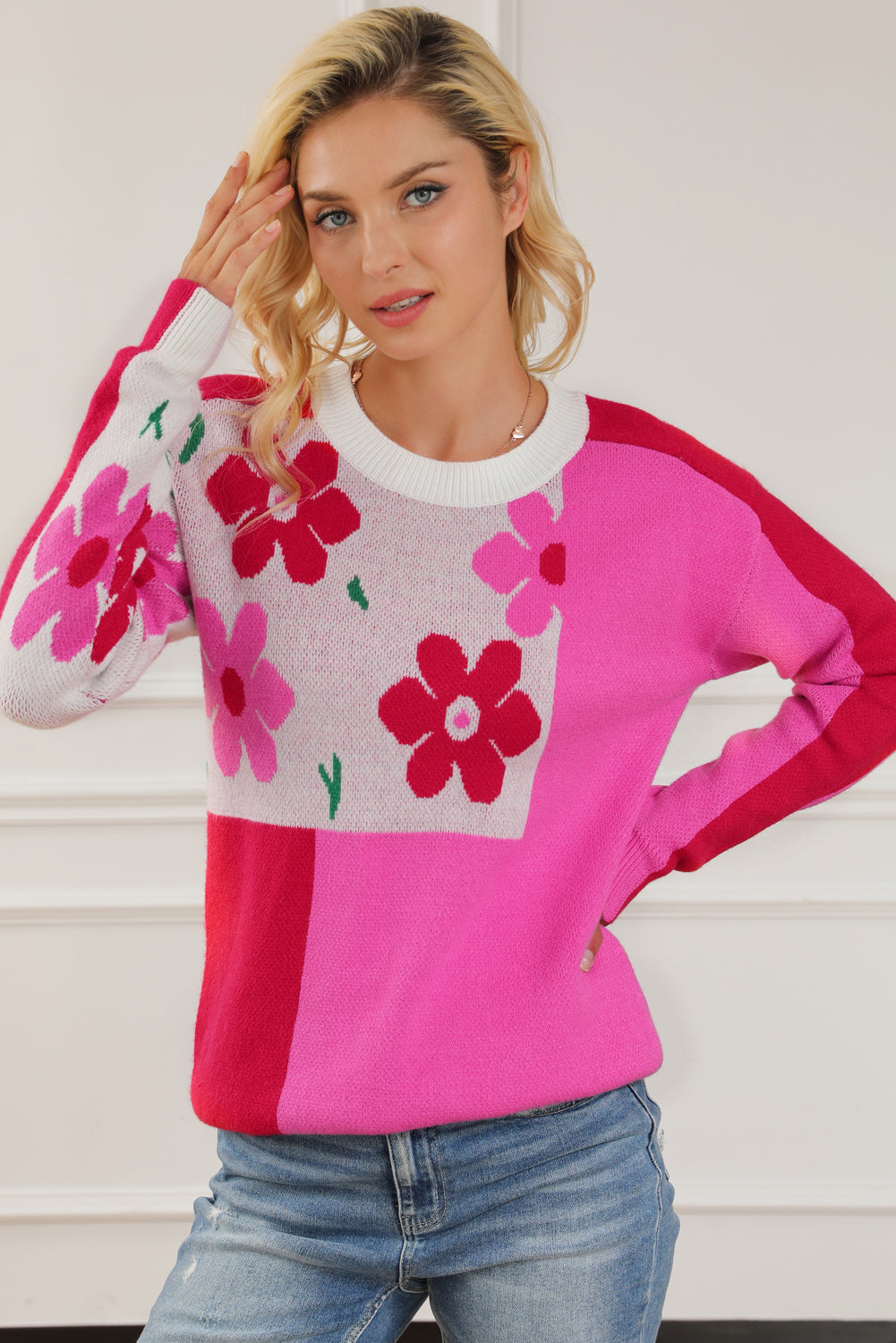 Floral Round Neck Dropped Shoulder Sweater - The Boutie Shop