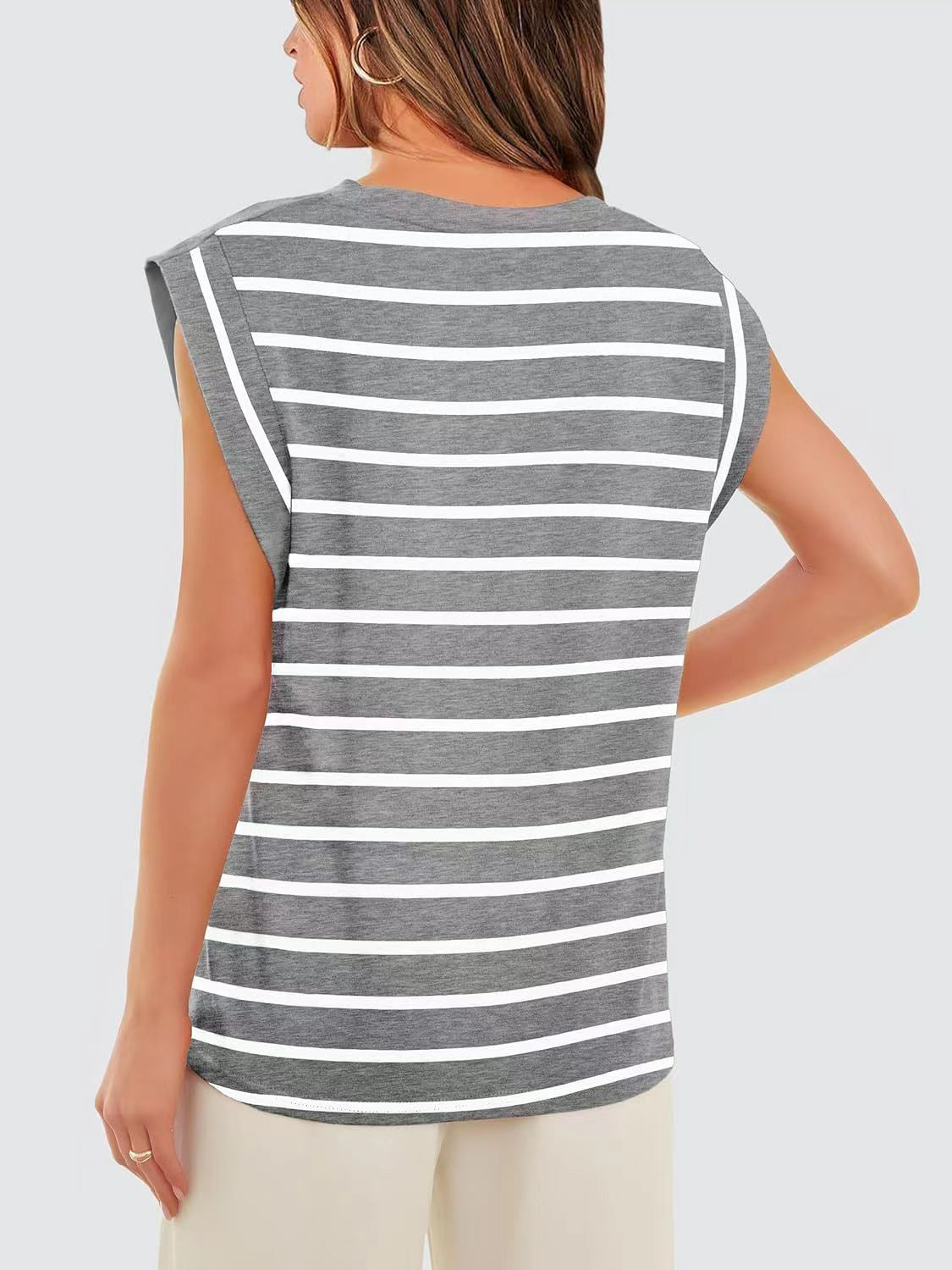 Striped Round Neck Cap Sleeve T-Shirt - The Boutie Shop