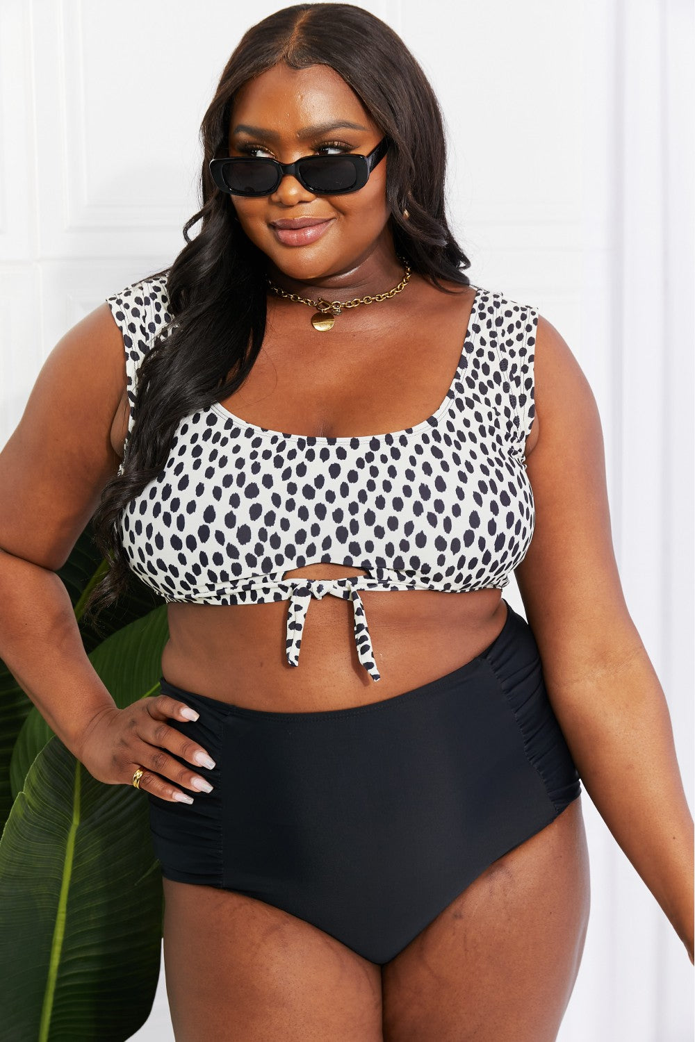 Marina West Swim Sanibel Crop Swim Top and Ruched Bottoms Set in Black - The Boutie Shop