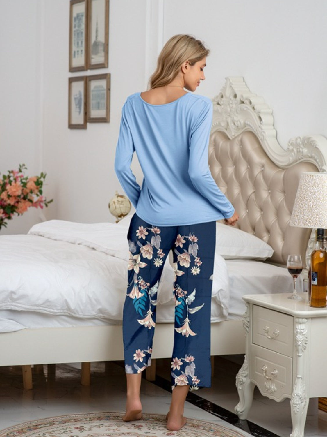 Round Neck Top and Printed Pants Lounge Set - The Boutie Shop