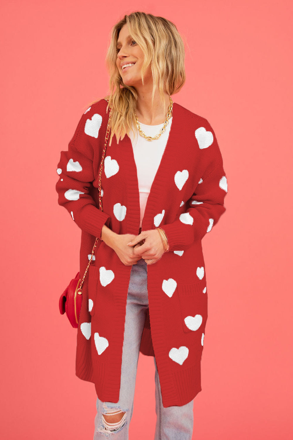 Heart Graphic Open Front Cardigan with Pockets - The Boutie Shop