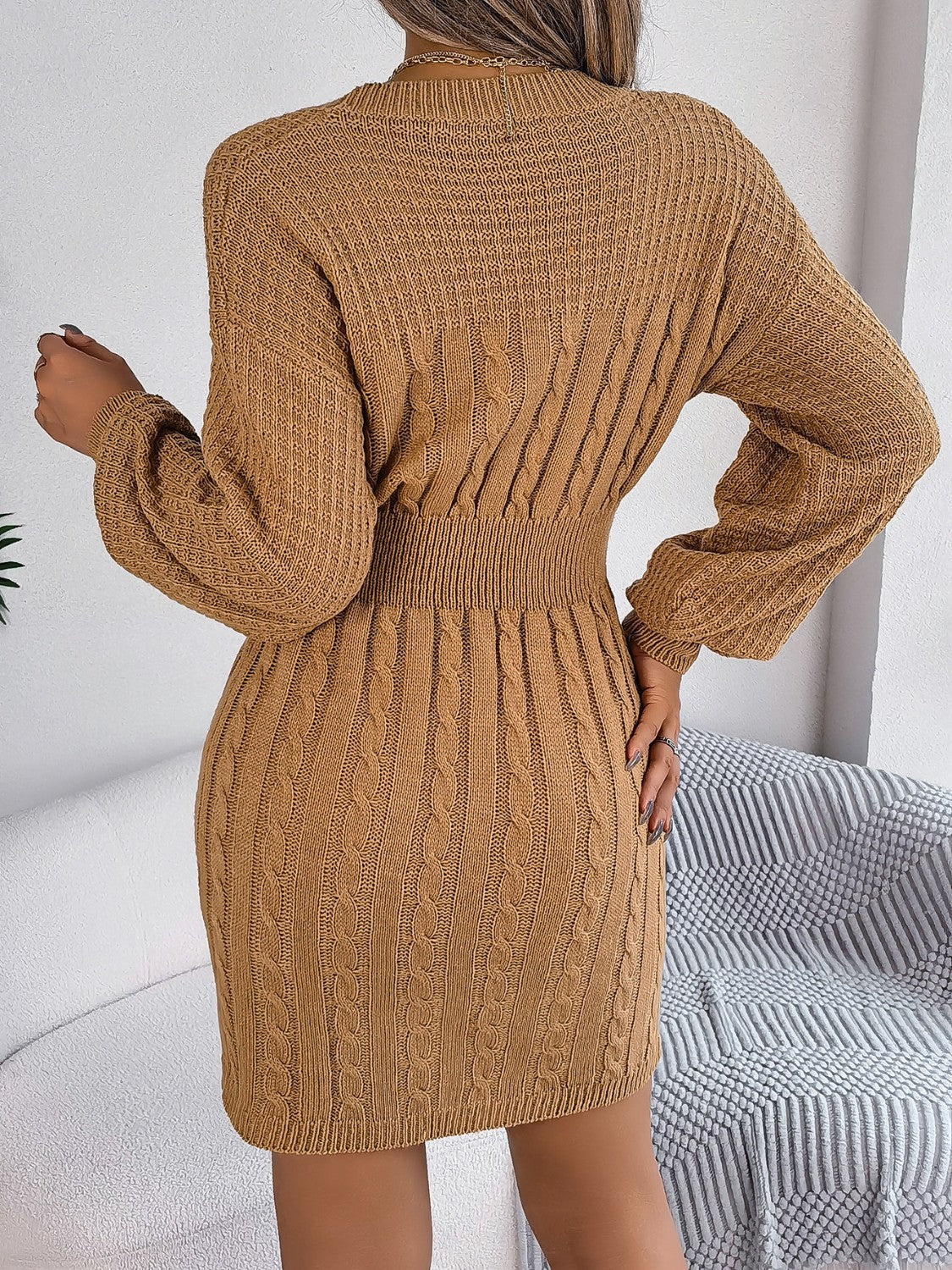 Cable-Knit Cutout Round Neck Slit Sweater Dress - The Boutie Shop