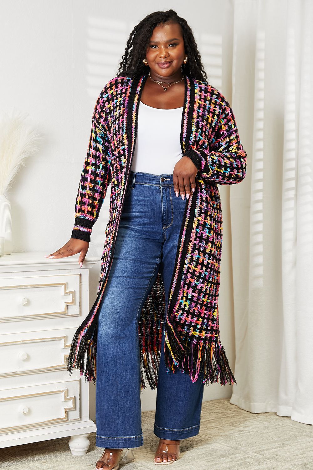 Angel Wings Full Size Multicolored Open Front Fringe Hem Cardigan - The Boutie Shop