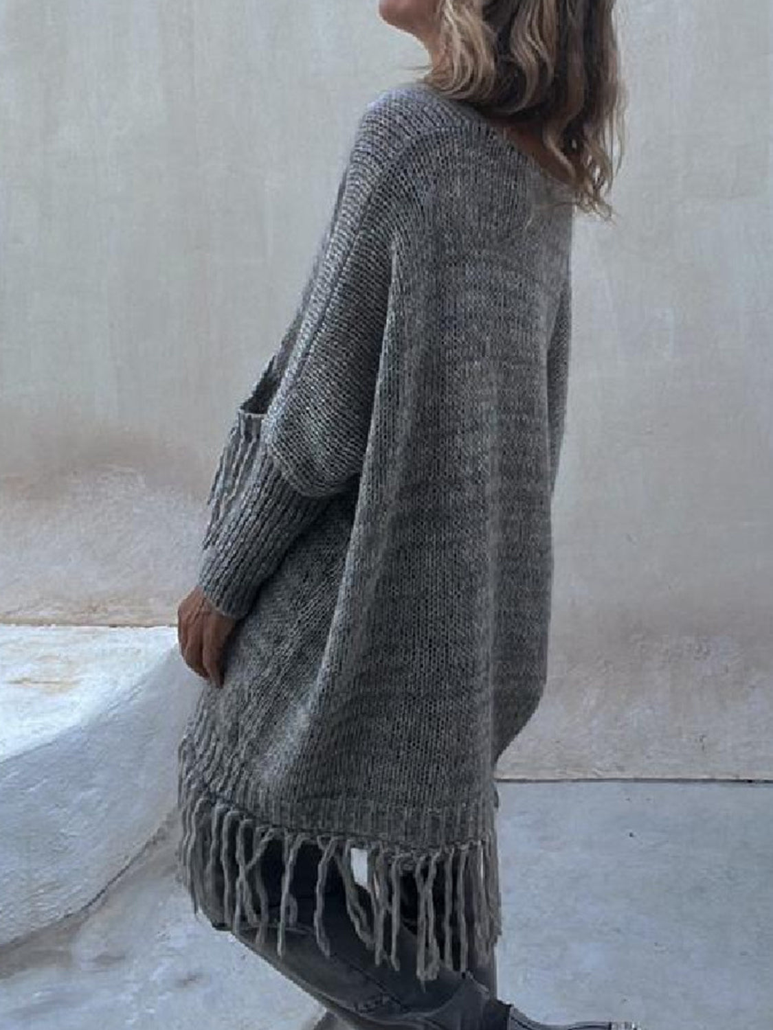 Fringe Detail Long Sleeve Sweater with Pockets - The Boutie Shop