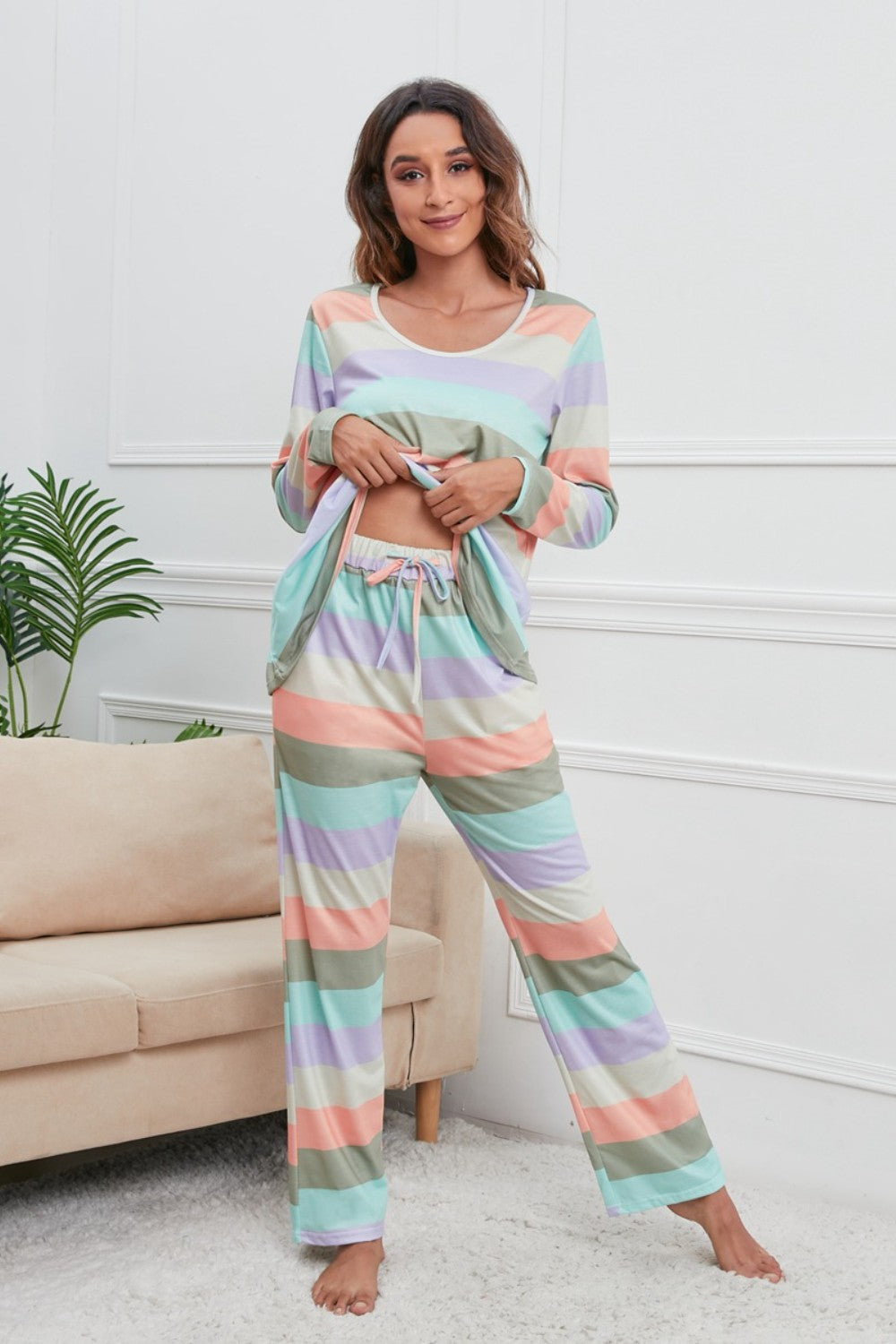 Striped Round Neck Long Sleeve Top and Drawstring Pants Lounge Set - The Boutie Shop