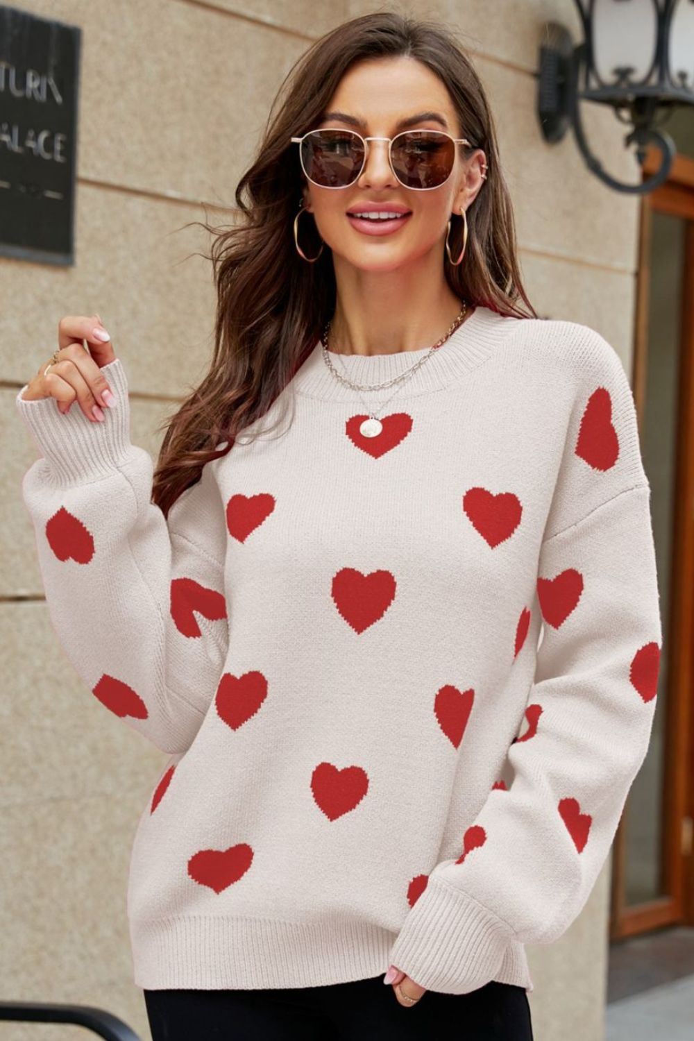 Woven Right Heart Pattern Lantern Sleeve Round Neck Tunic Sweater - The Boutie Shop