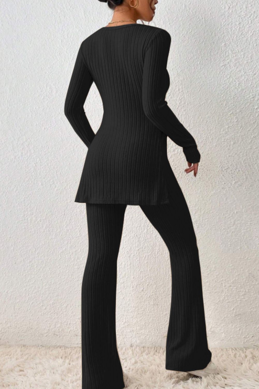 Ribbed Long Sleeve Slit Top and Bootcut Pants Set - The Boutie Shop