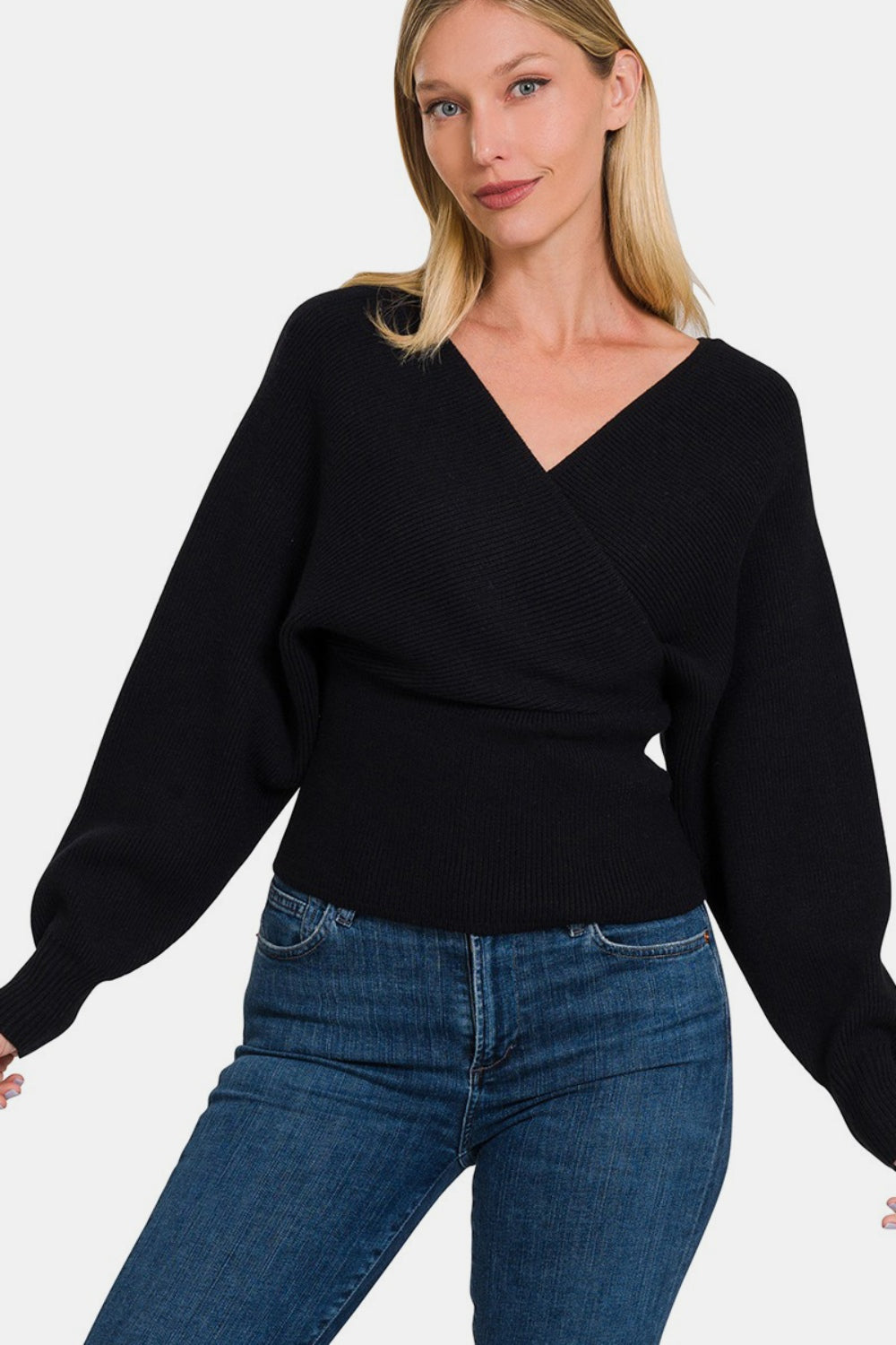 Zenana Cross Wrap Rib Long Sleeve Sweater - The Boutie Shop