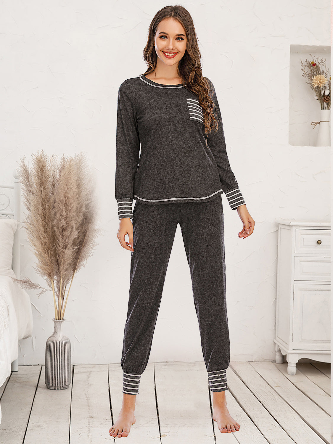 Round Neck Top and Pants Lounge Set - The Boutie Shop