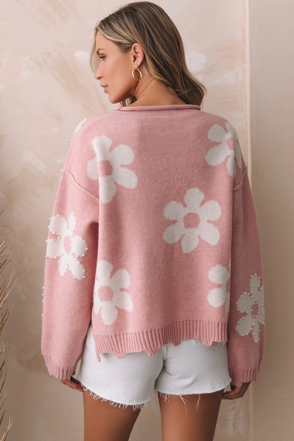 Flower Pattern Pearl Detail Rolled Slit Sweater - The Boutie Shop