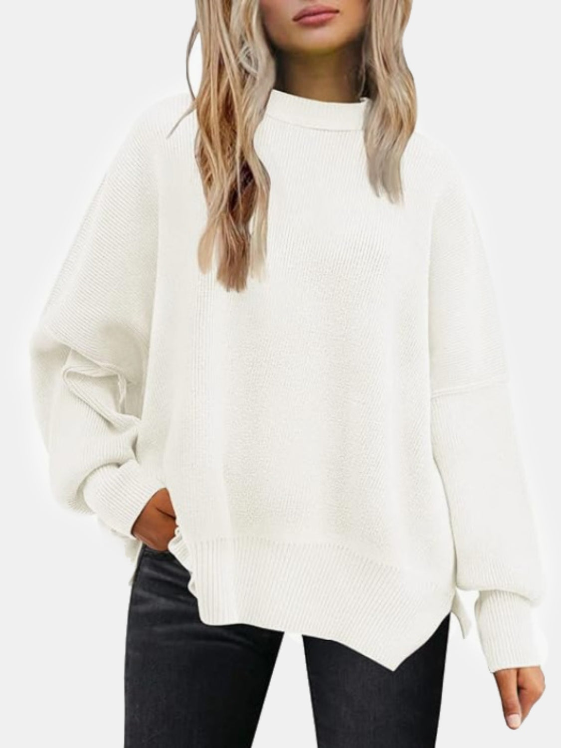 Round Neck Drop Shoulder Slit Sweater - The Boutie Shop