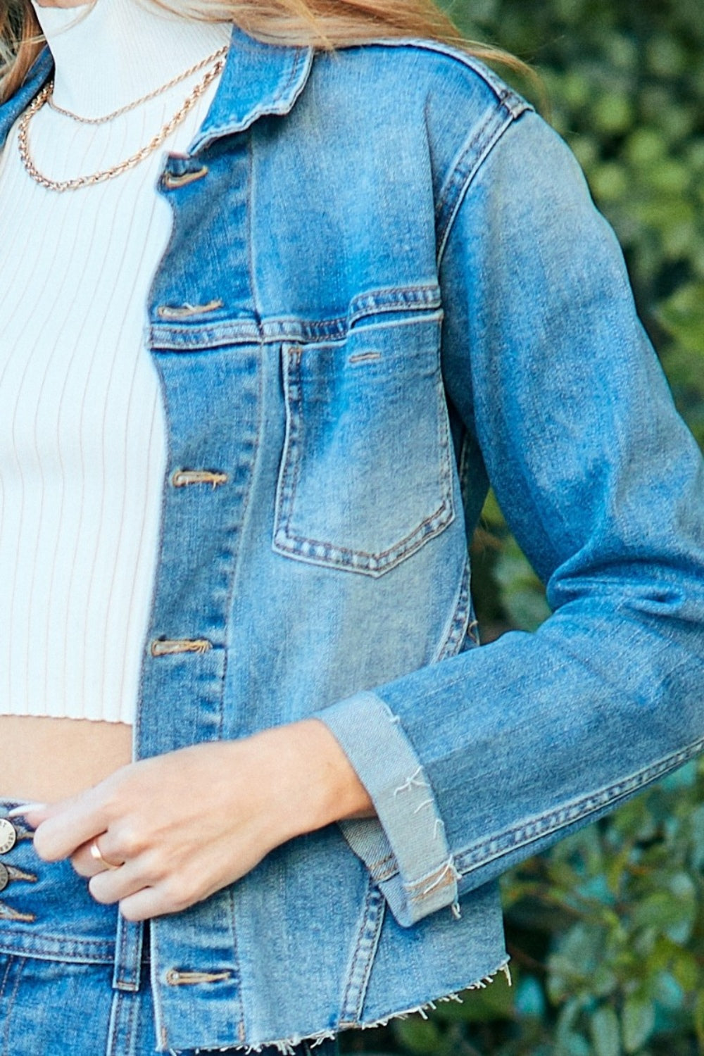 Veveret Button Up Raw Hem Denim Jacket - The Boutie Shop