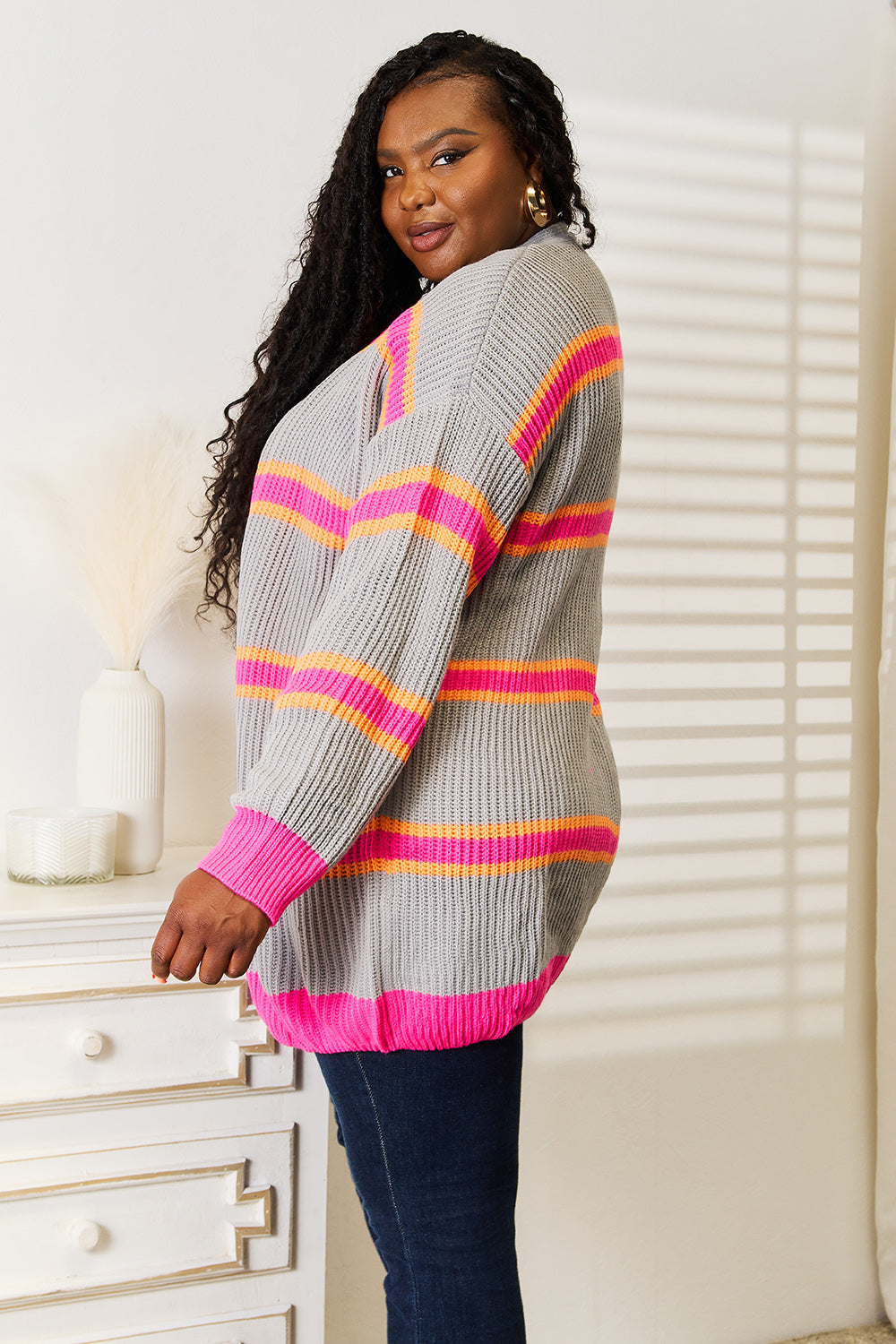 Woven Right Ribbed Long Sleeve Cardigan - The Boutie Shop