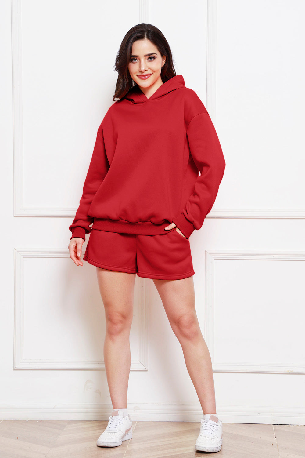 Drop Shoulder Long Sleeve Hoodie and Shorts Set - The Boutie Shop