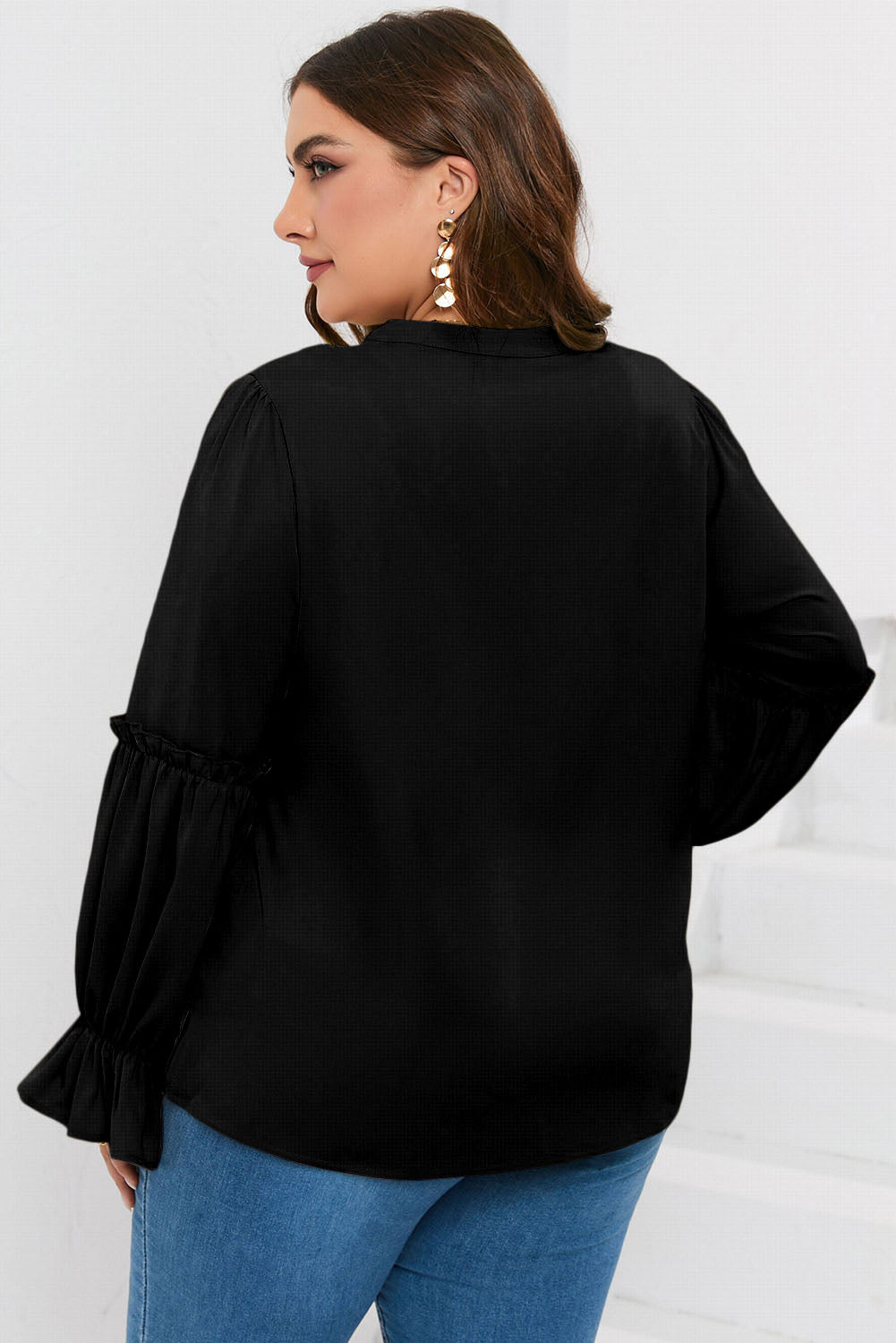 Plus Size Ruffled Tie Neck Flounce Sleeve Blouse - The Boutie Shop