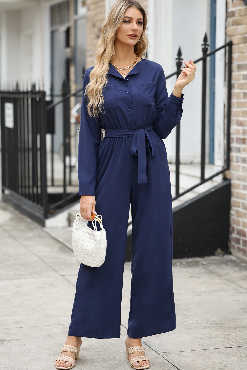 Pocketed Tied Wide Leg Jumpsuit - The Boutie Shop