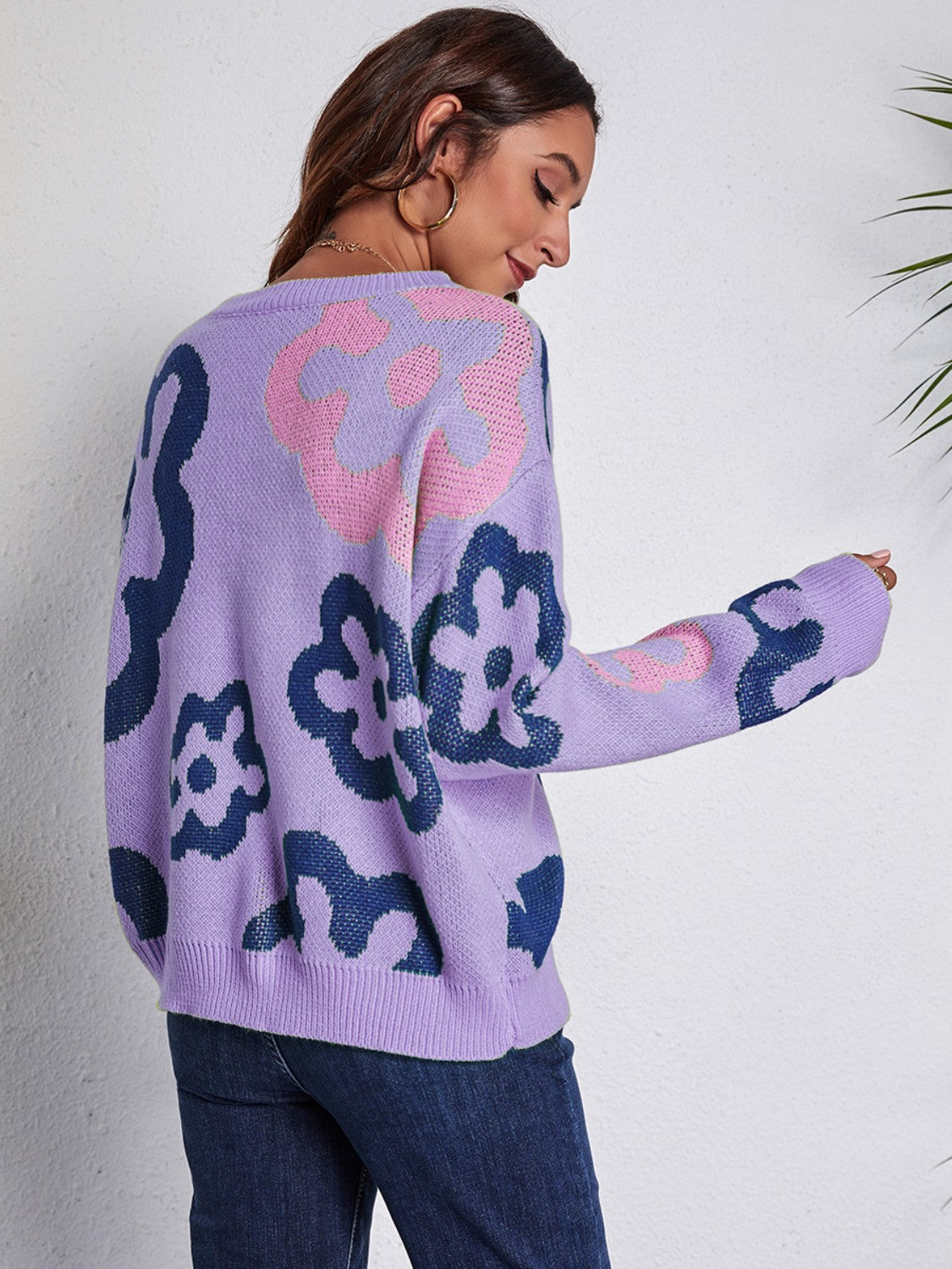 Flower Pattern Round Neck Long Sleeve Sweater - The Boutie Shop