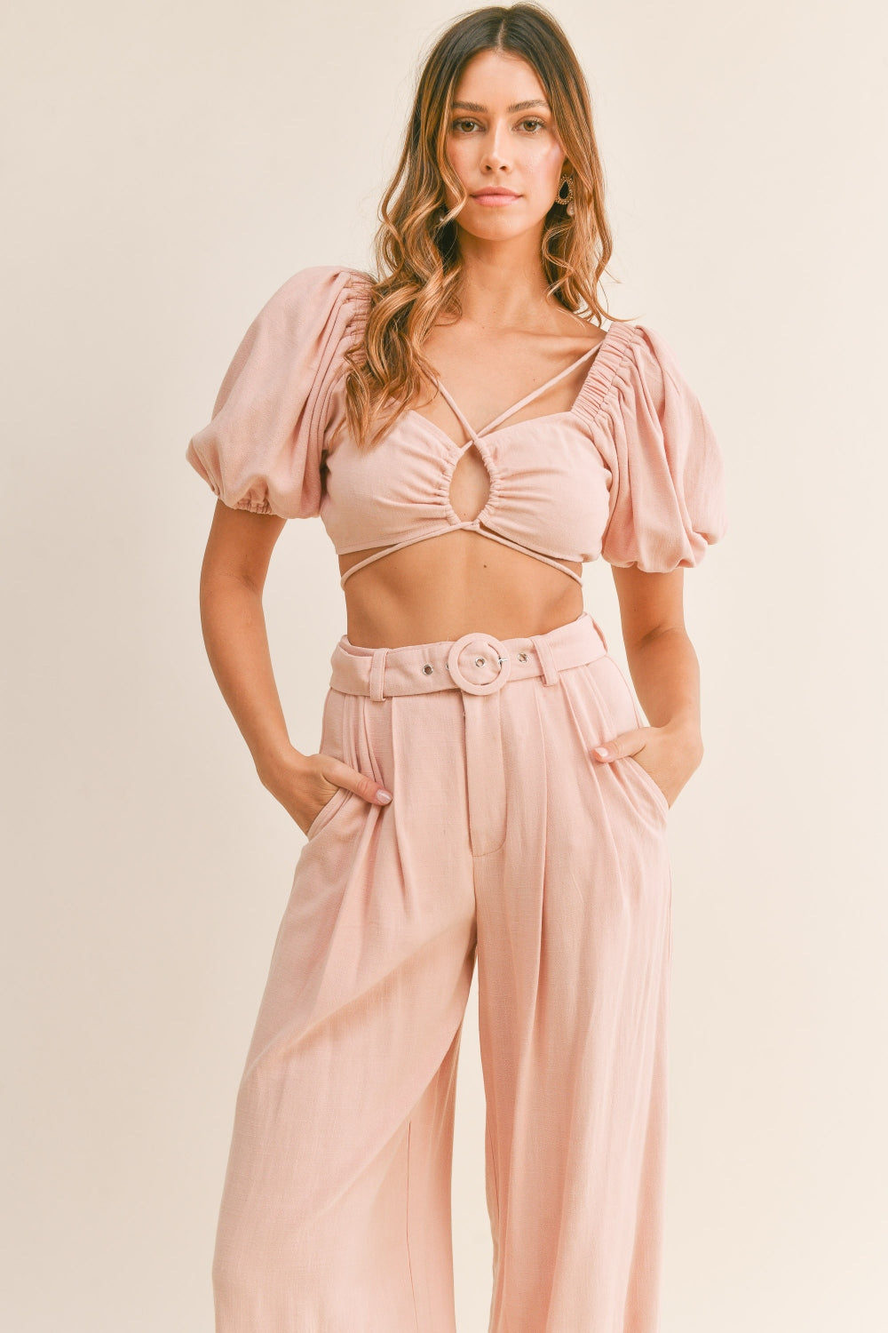 MABLE Cut Out Drawstring Crop Top and Belted Pants Set - The Boutie Shop