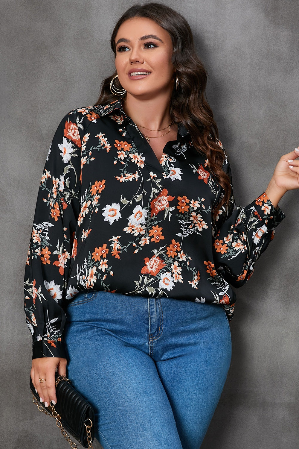 Plus Size Printed Johnny Collar Long Sleeve Blouse - The Boutie Shop