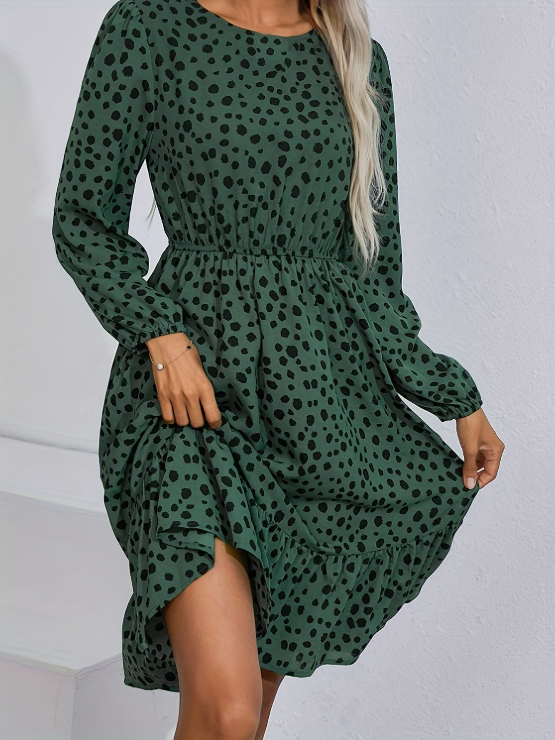 Printed Round Neck Balloon Sleeve Dress - The Boutie Shop