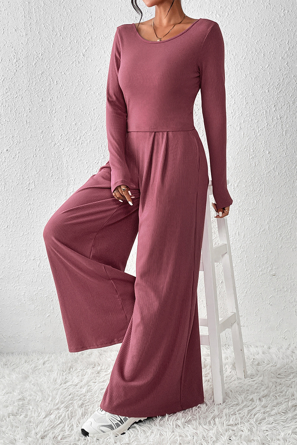 Ribbed Round Neck Top and Wide-Leg Pants Set - The Boutie Shop