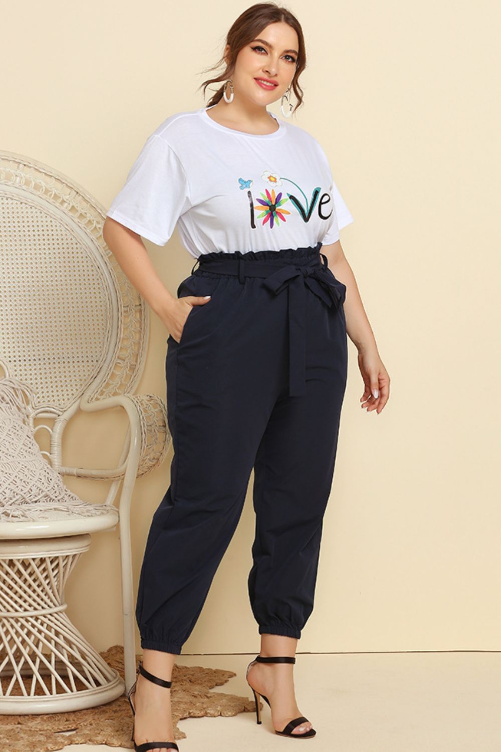 Graphic Tee and Belted Paperbag Joggers Set - The Boutie Shop