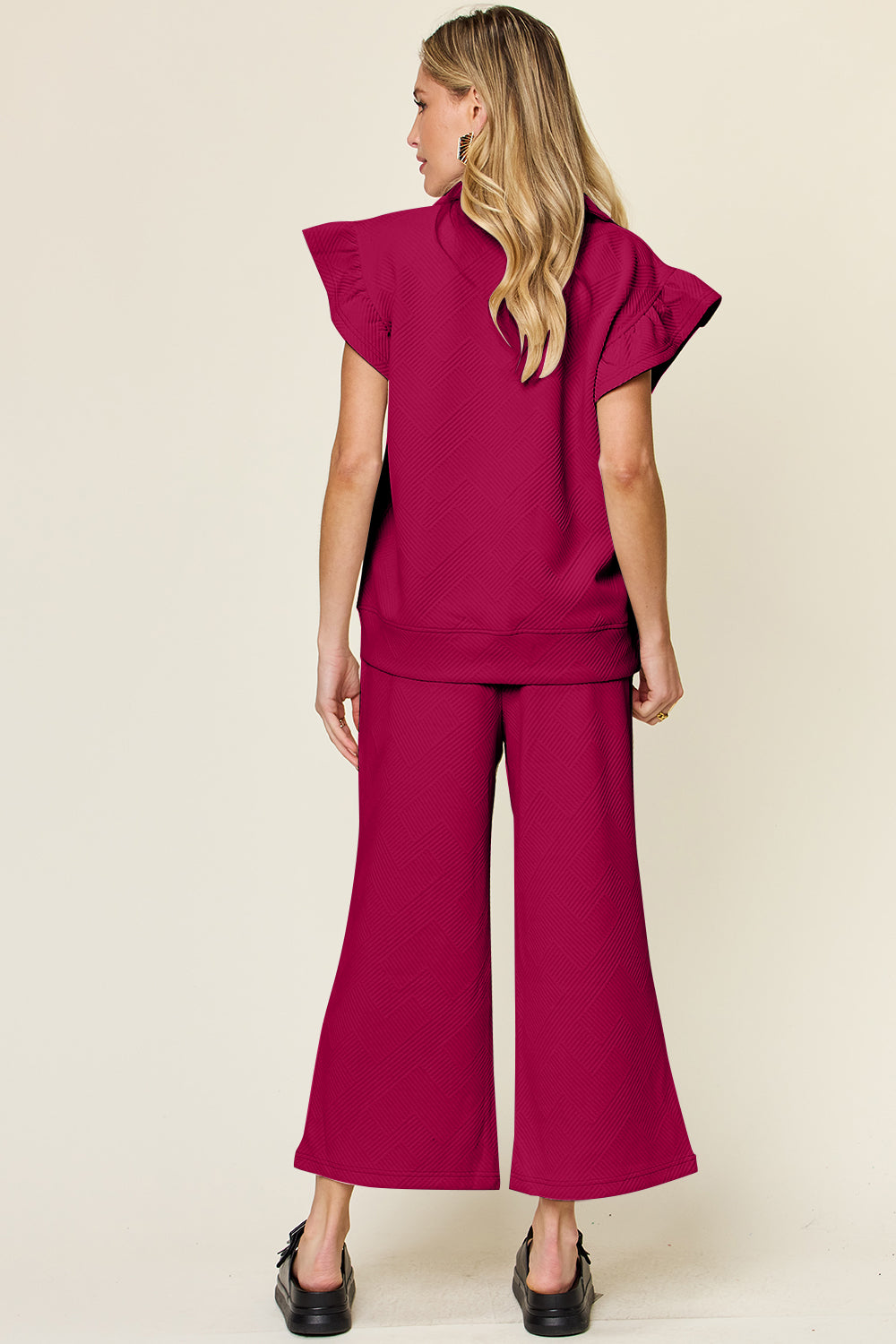 Double Take Texture Ruffle Short Sleeve Top and Drawstring Wide Leg Pants Set - The Boutie Shop