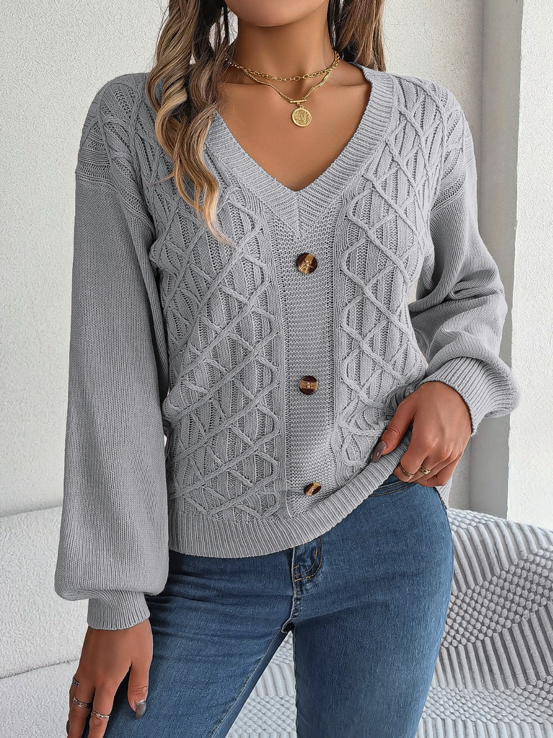 Cable-Knit V-Neck Lantern Sleeve Sweater - The Boutie Shop