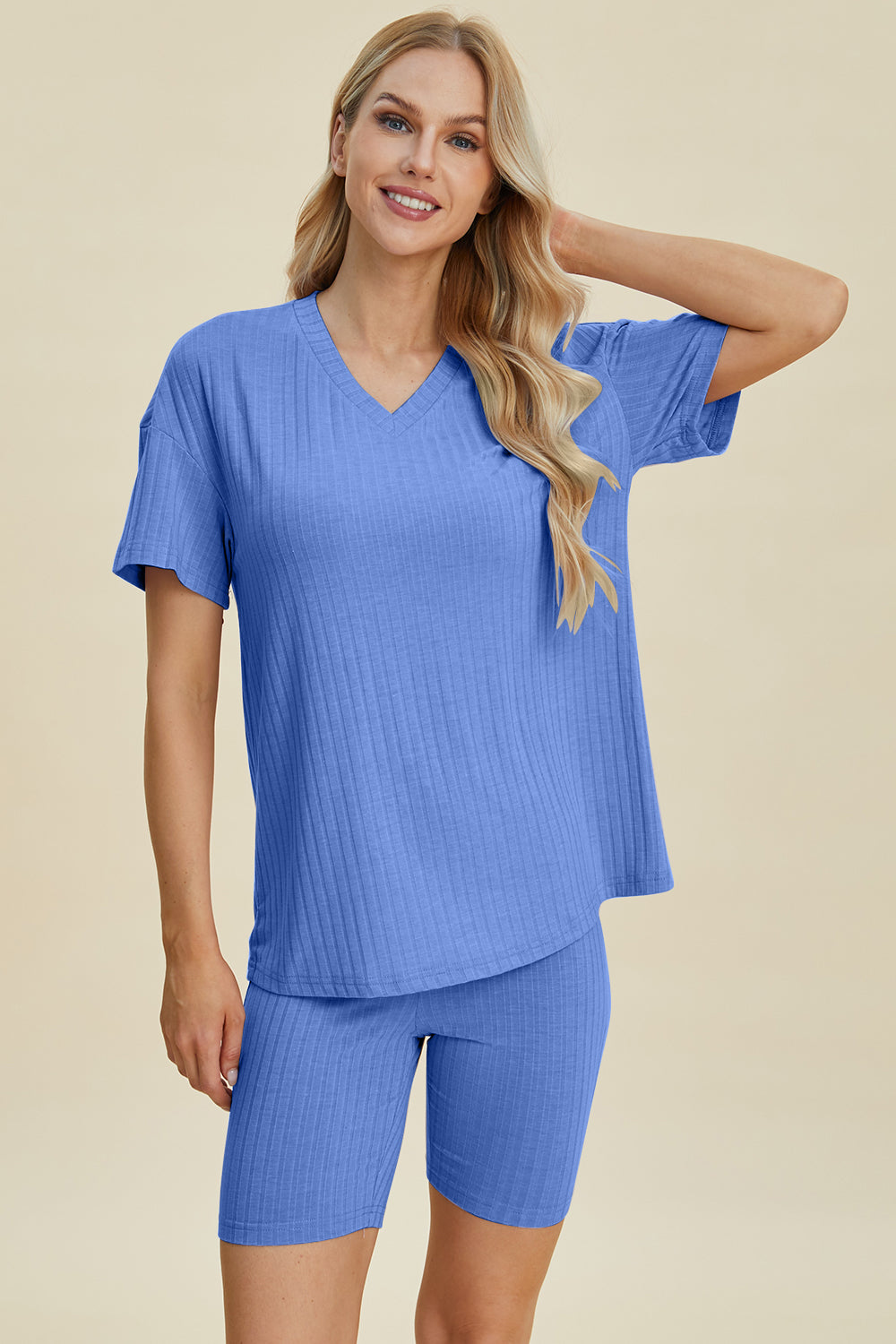 Basic Bae Full Size Ribbed V-Neck Short Sleeve Top and Shorts Set - The Boutie Shop