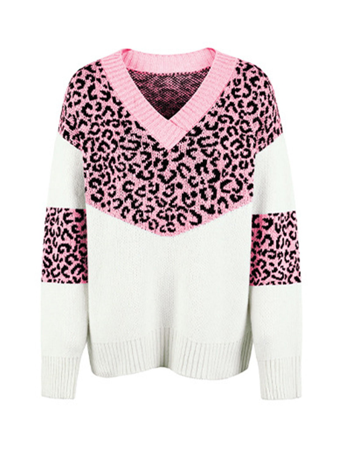 Leopard V-Neck Dropped Shoulder Sweater - The Boutie Shop